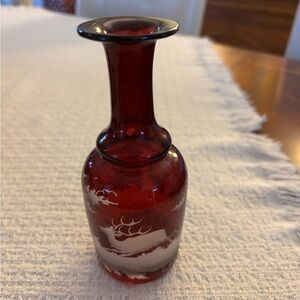 Vintage/Antique dark cranberry forest pattern/hunting motif/trees/deer scene.